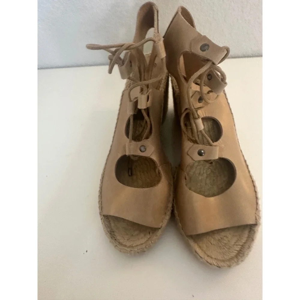 Carmen Women's Tan Leather Lace Up Gladiator Espadrille Wedges 39 Size 8.5